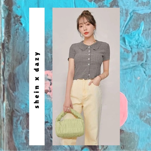 tan & black plaid gingham polo collar front button cropped top - Picture 3 of 11